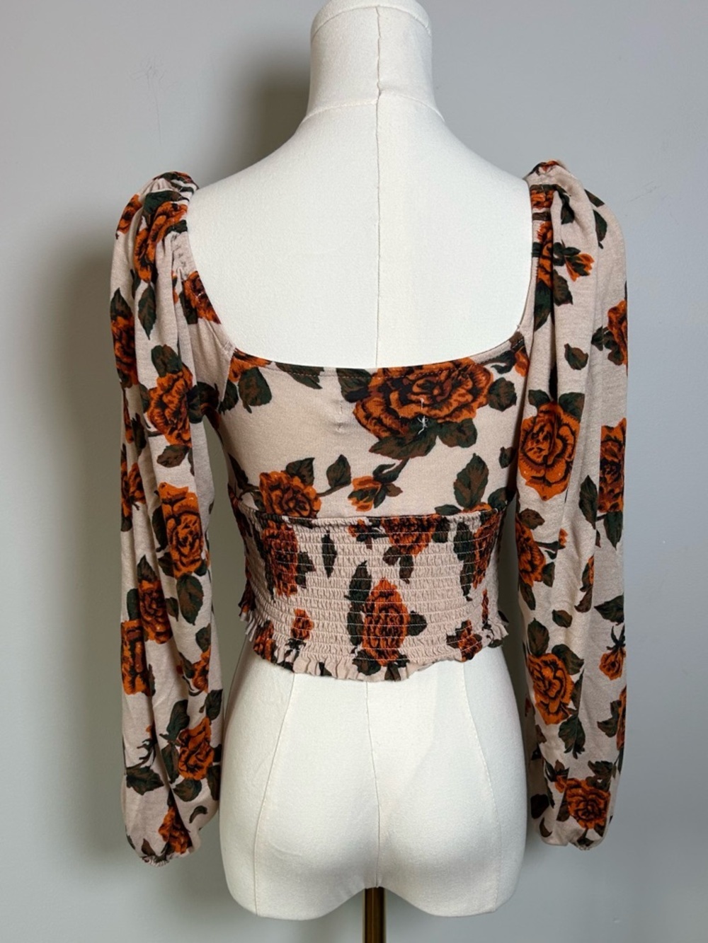 Urban Outfitters Cream Floral Tie-Front Smocked Blouse with Orange Roses size M - Picture 5 of 10